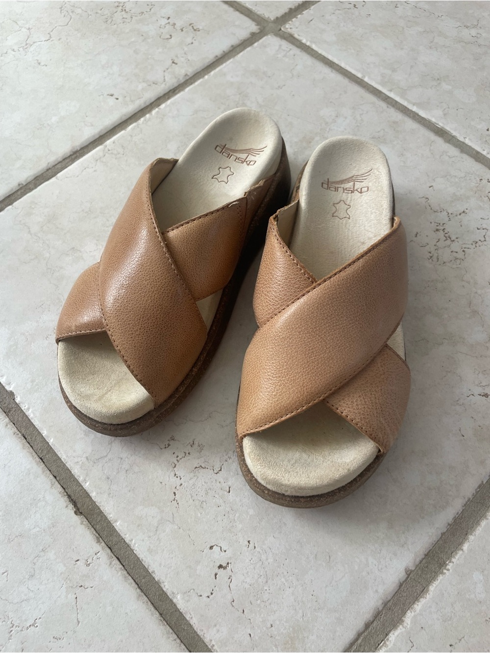 Dansko Tan Leather Crisscross Slip-On platform Mules